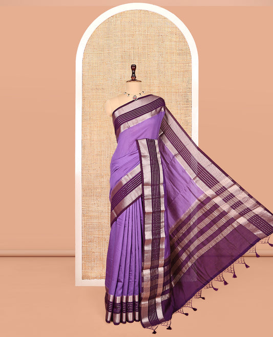 Violet Plain Assam Silk Saree, Complemented by a Contrast Traditional Zari Border, Zari-Striped Pallu, and a Contrast Blouse