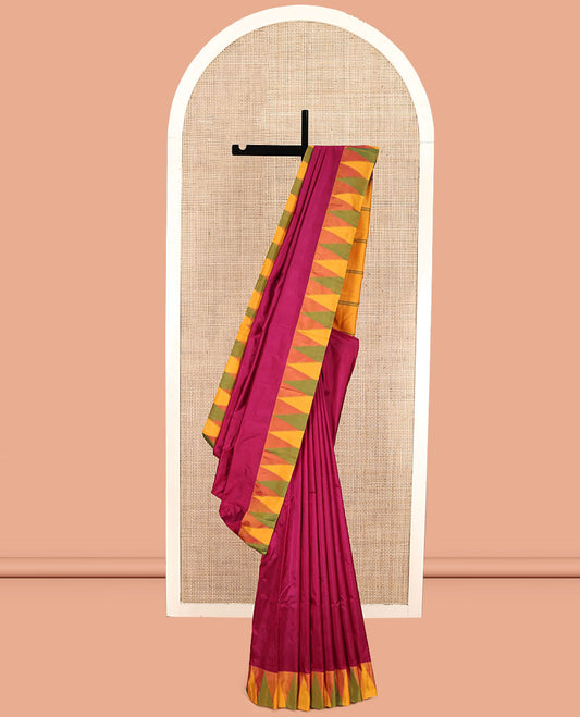 Purple Plain Bangalore Silk Saree, Complemented by a Contrast Temple Border, Pallu of Stripes, and a Contrast Blouse