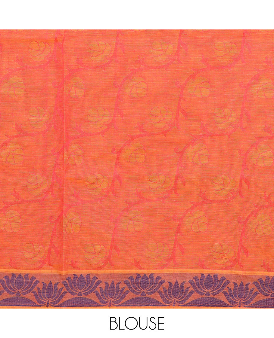Orange zig-zag floral vine combatiore cotton saree, lotus woven border & contrast lotus motifs steeped pallu