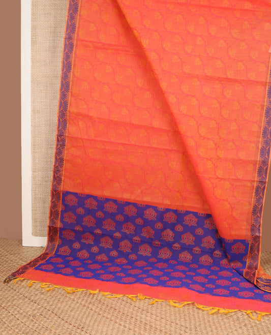 Orange zig-zag floral vine combatiore cotton saree, lotus woven border & contrast lotus motifs steeped pallu