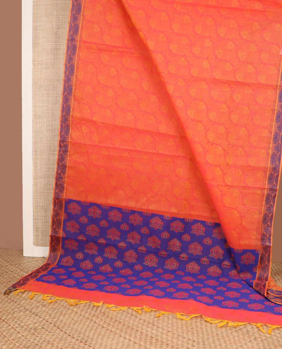 Orange zig-zag floral vine combatiore cotton saree, lotus woven border & contrast lotus motifs steeped pallu