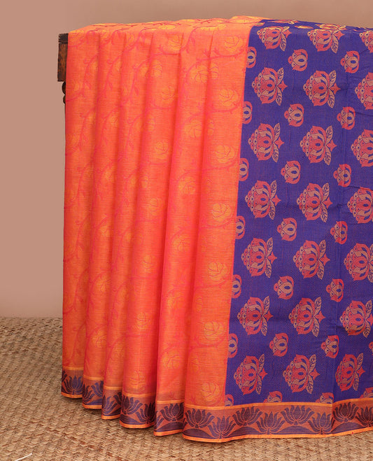 Orange zig-zag floral vine combatiore cotton saree, lotus woven border & contrast lotus motifs steeped pallu