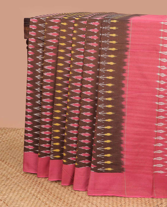 Brown geometric design ikkat cotton saree with contrast border & argyle design pallu