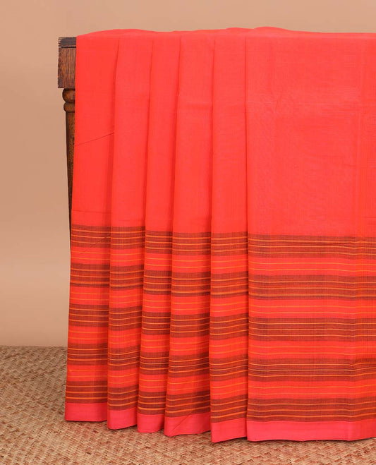 Red plain Mangalagiri cotton saree, striped border, and multi-colored striped pallu