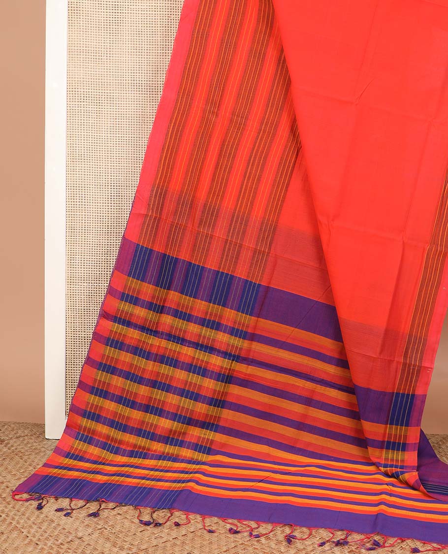 Red plain Mangalagiri cotton saree, striped border, and multi-colored striped pallu