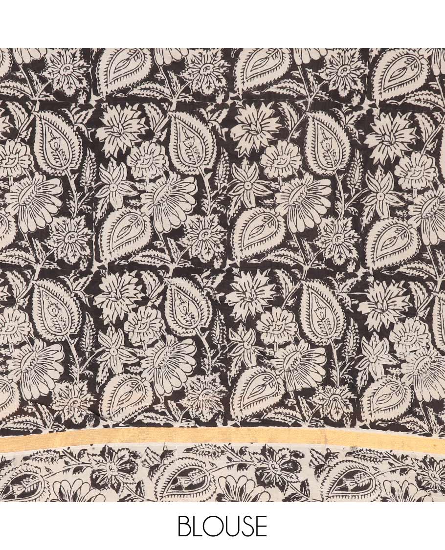 Cream floral buttas machine-printed Kalamkari cotton saree, contrast floral vine printed border, and pallu of paisley designs