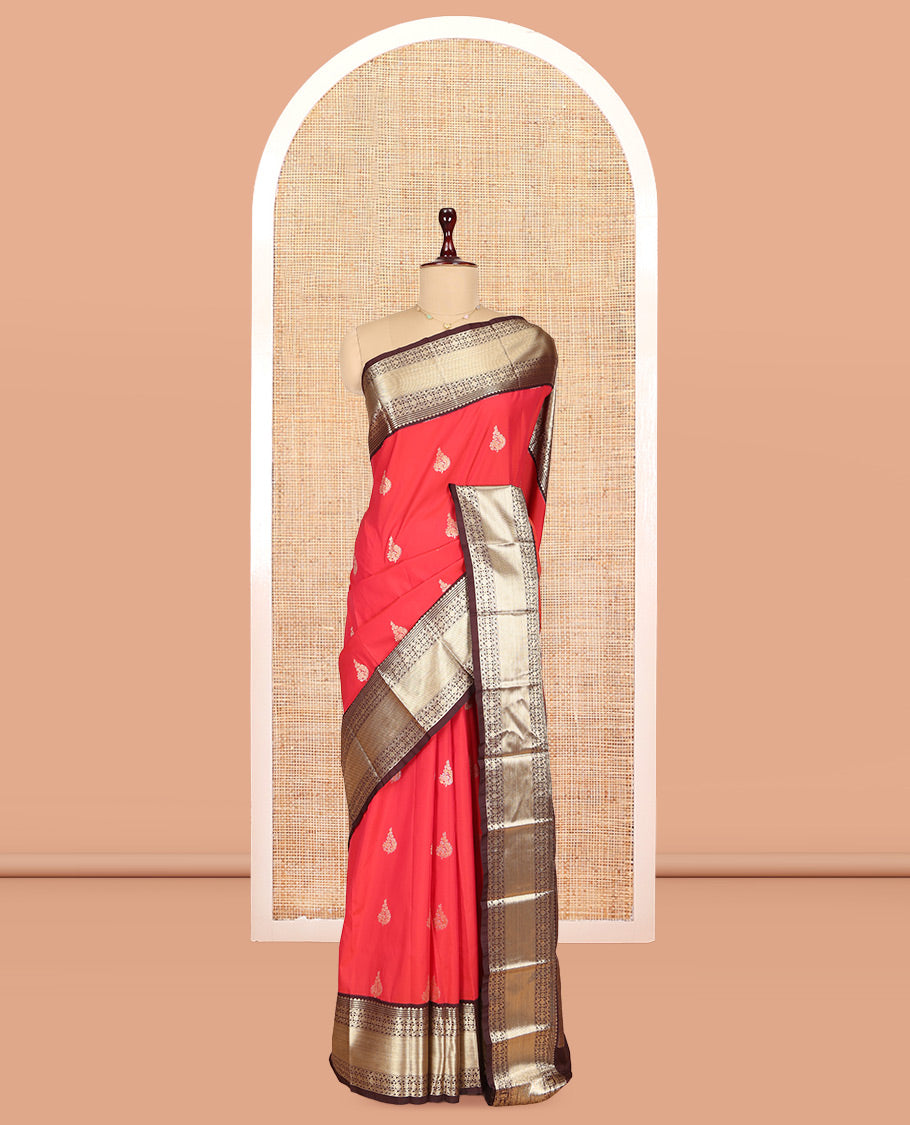 Brick-Coffee Brown Zari Buttas Budget Silk Saree, Contrast Traditional Zari Border, Grand Pallu, a Contrast Blouse