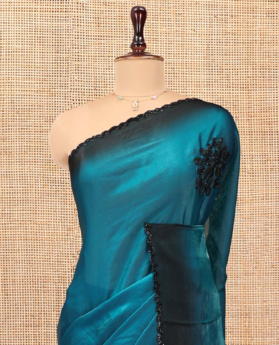 Blue Designer Saree, Accentuated with Floral Print and Outline Stone Work All Over Its Body, Scallop Embroidered Border, and Paired with a Matching Blouse