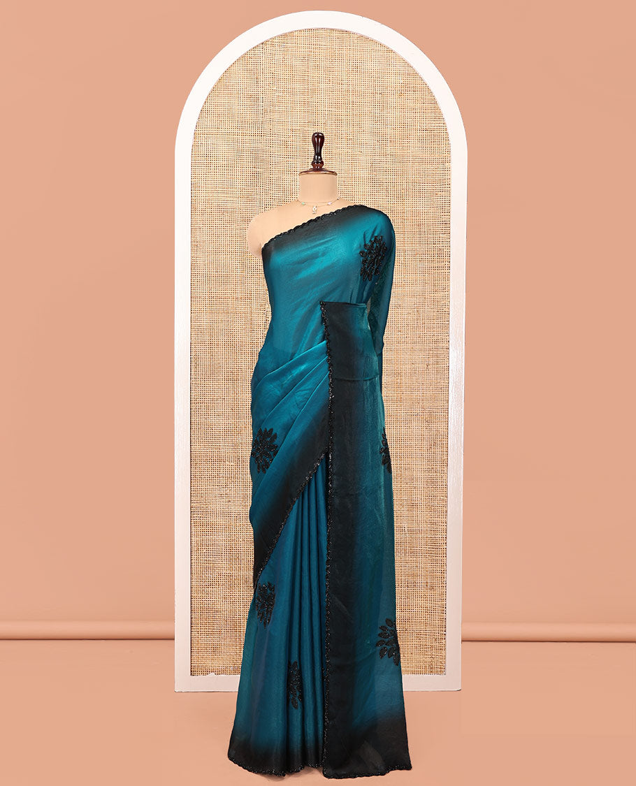 Blue Designer Saree, Accentuated with Floral Print and Outline Stone Work All Over Its Body, Scallop Embroidered Border, and Paired with a Matching Blouse