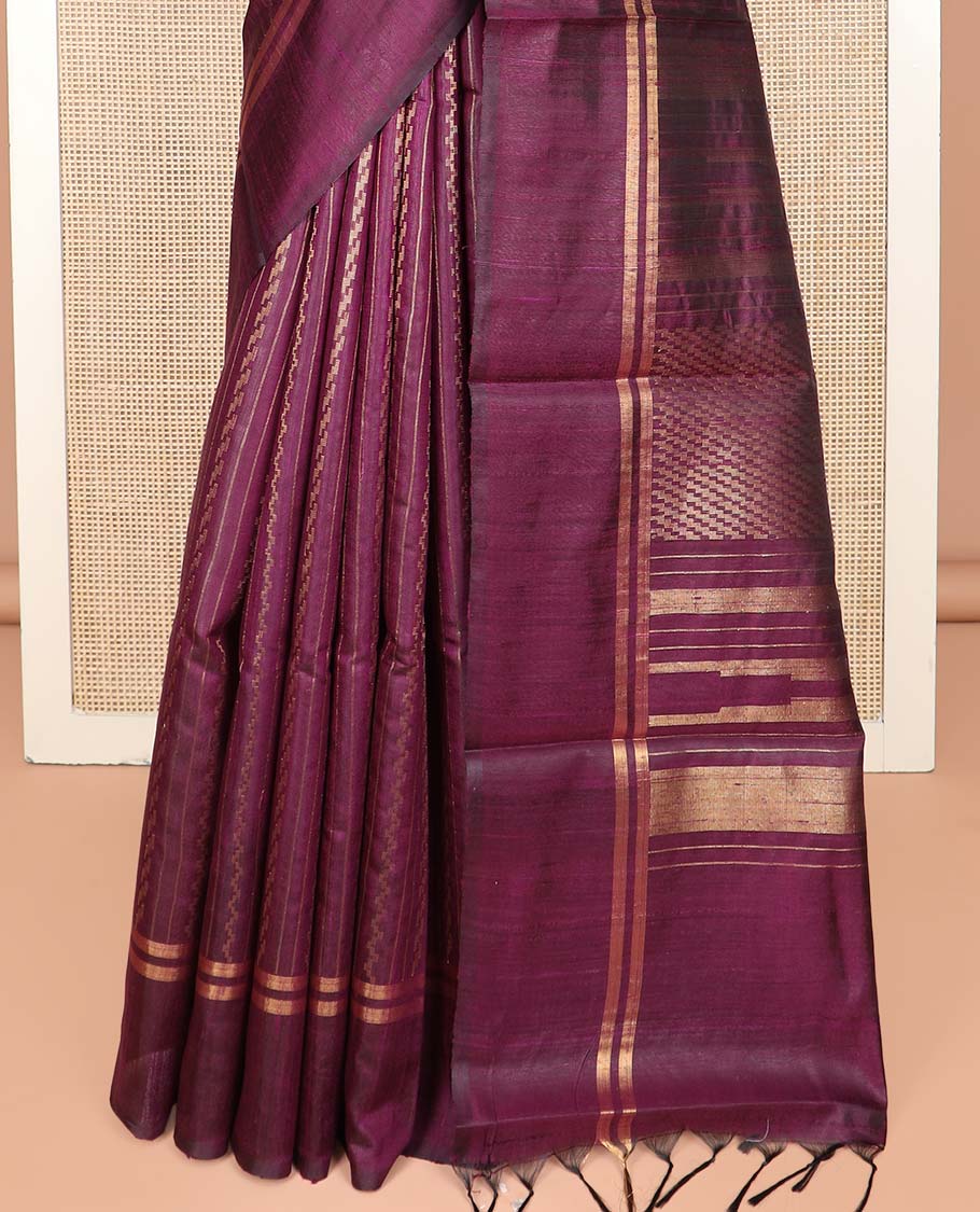 Purple Dupion Silk Saree, Masterfully Woven with Stripes All Over Its Body, Subtly Woven Zari Striped Border, Gleaming Pallu of Geometric Patterns, and Paired with a Matching Blouse