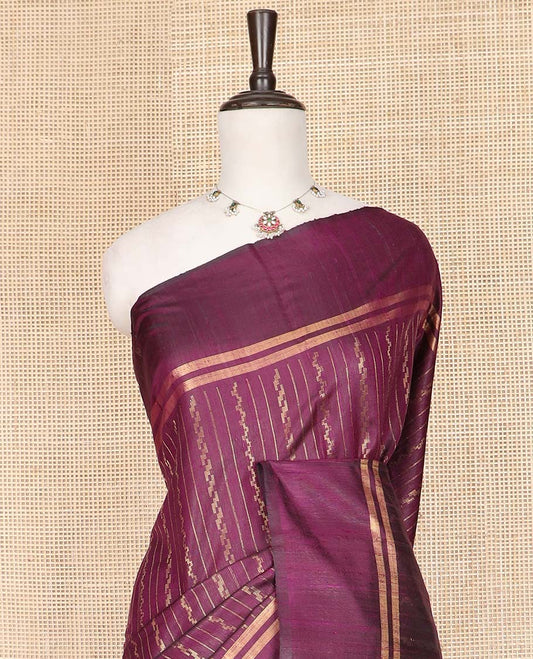 Purple Dupion Silk Saree, Masterfully Woven with Stripes All Over Its Body, Subtly Woven Zari Striped Border, Gleaming Pallu of Geometric Patterns, and Paired with a Matching Blouse