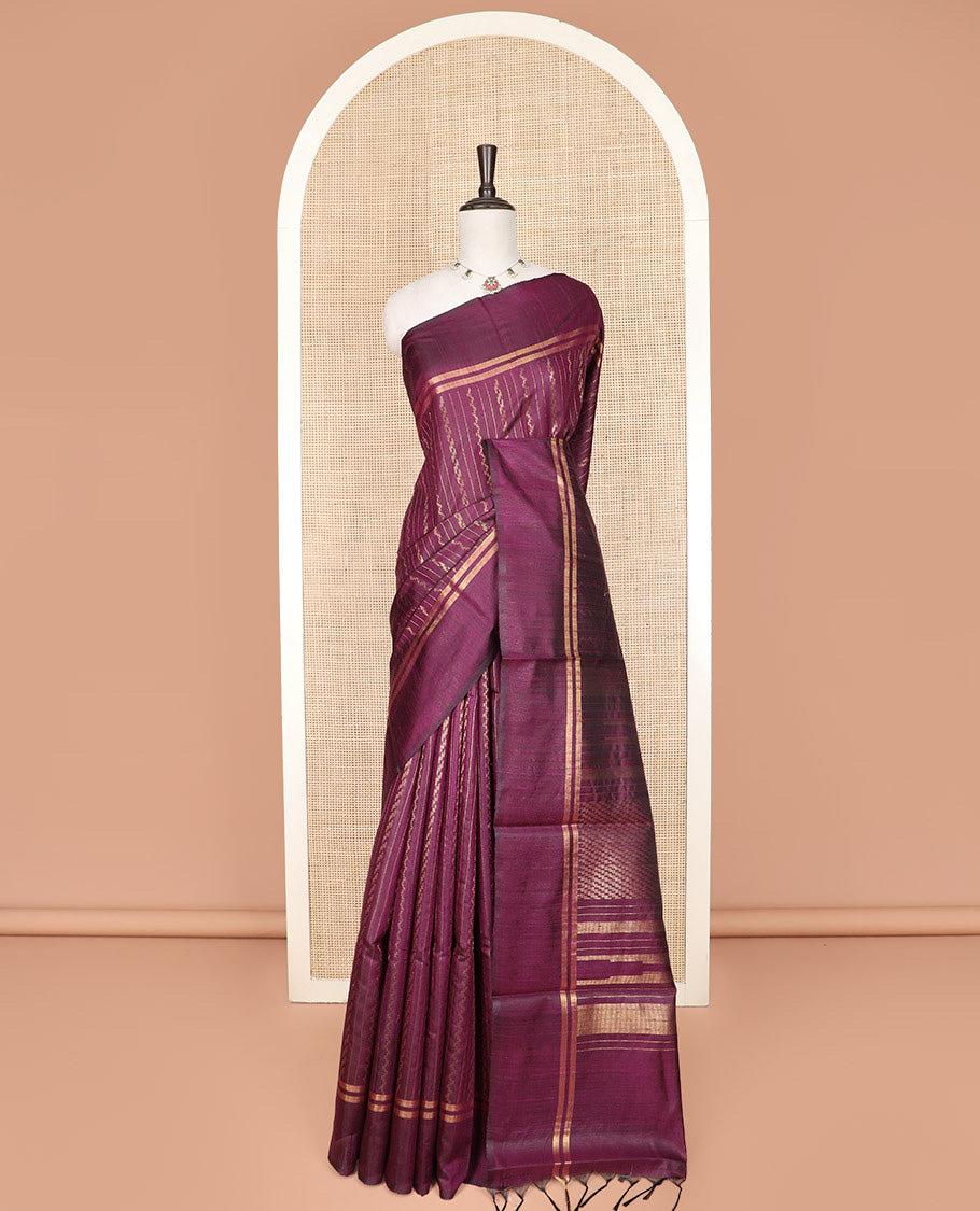 Purple Dupion Silk Saree, Masterfully Woven with Stripes All Over Its Body, Subtly Woven Zari Striped Border, Gleaming Pallu of Geometric Patterns, and Paired with a Matching Blouse