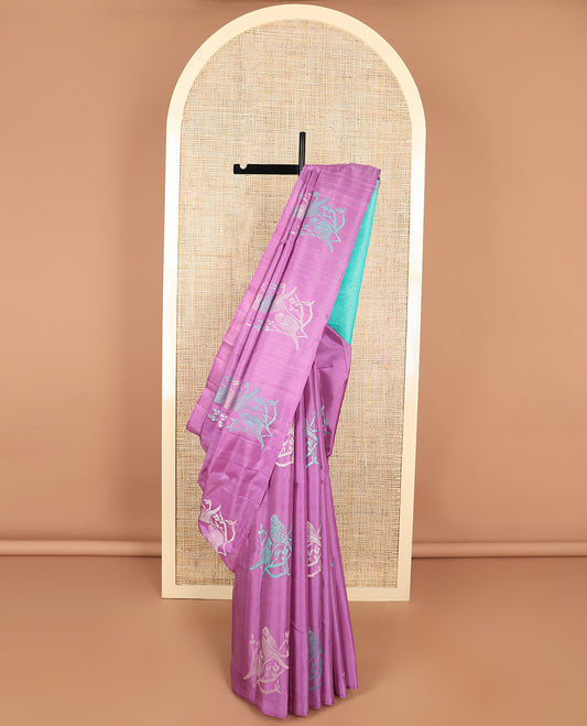 Borderless pink bird design kancheepuram silk sareee with geometric design pallu