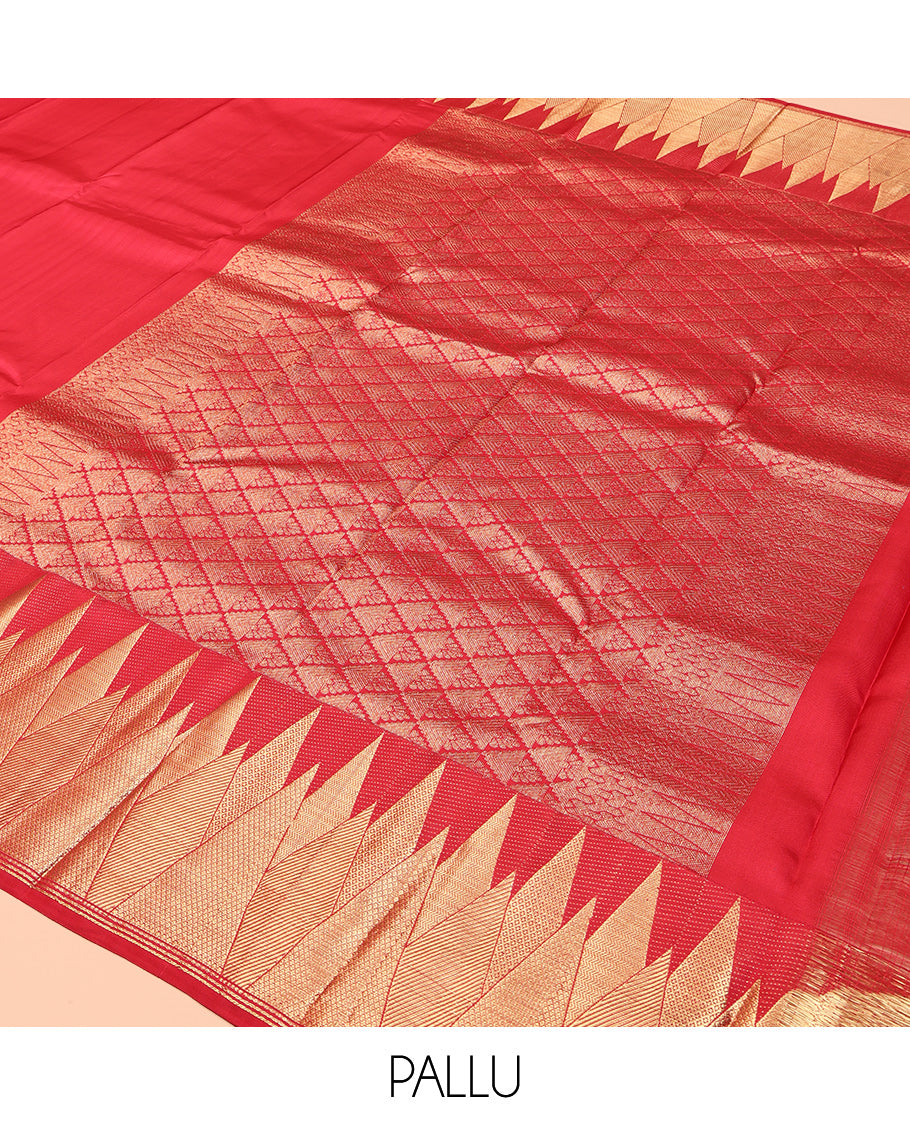 Red Plain Kanchipuram Silk Saree, Highlighted by a Zari Temple Border of Mayil Kann, and Vanki Designs, Grand Jaal Pallu, and Matching Blouse