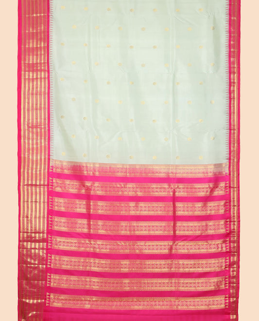 Green buttas nine yards silk saree with contrast traditional zari design border & intricate zari design pallu