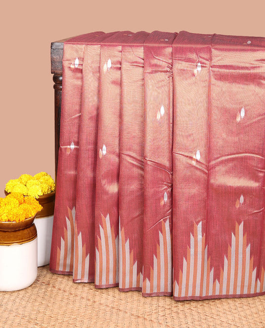 Honey color small leaf design, copper zari tissue silk saree with temple border & rich pallu along with butta design blouse