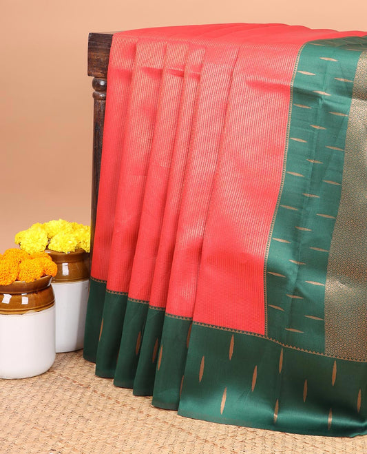 Red copper zari brocadedesign litchi soft silk saree with contrast korvai stain , weaving buttas border & contrast weaving rich pallu along with copper zari, small buttas blouse