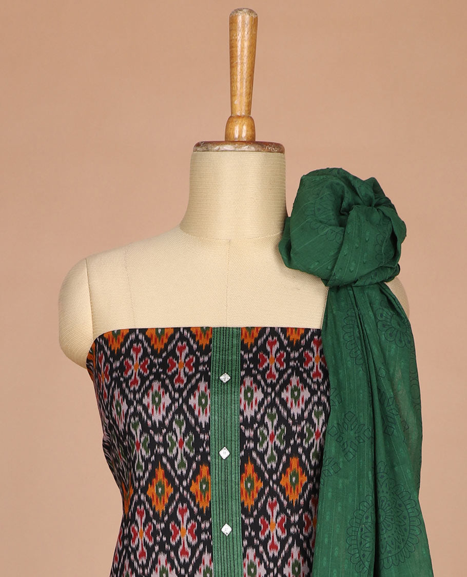 Green pochampally design flex cotton chudidhar material top with cotton pants & pochampally design dupatta