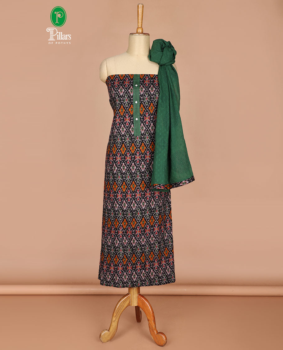 Green pochampally design flex cotton chudidhar material top with cotton pants & pochampally design dupatta