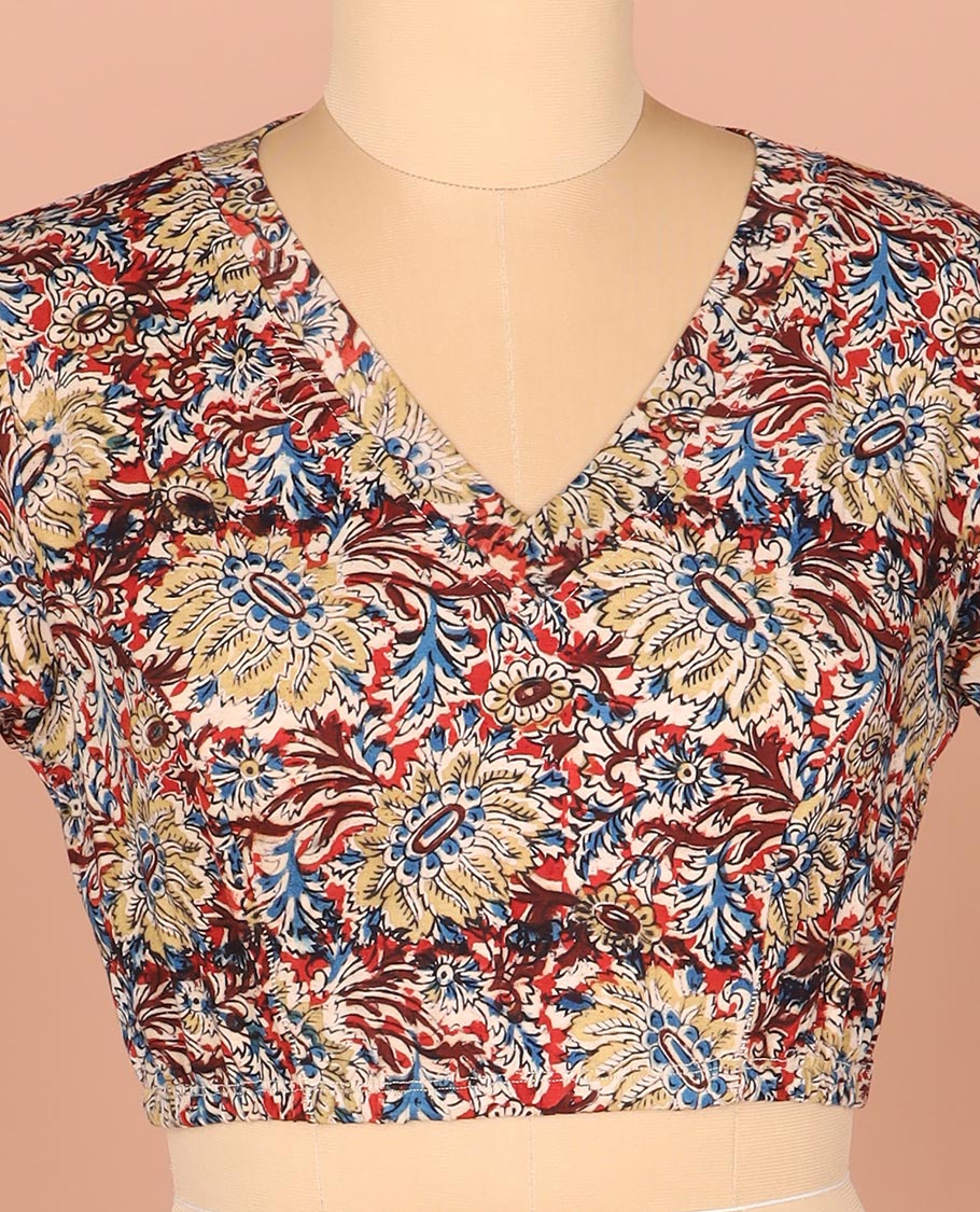 Multi-Color Readymade Blouse Mesmerized with Floral Prints, Featuring a Front V-Neck, a Back Closed Neck, and Full Sleeves