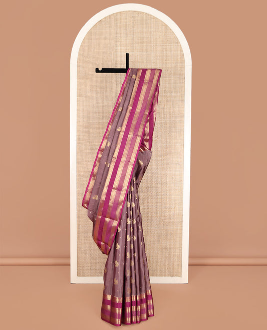 Brown Vasundhara Lite Silk Mix Saree, Enthralled with Mayil Buttas on Its Body, Complemented by a Contrast Border of Muthu, Neli, and Mayil Designs, Grand Pallu, and Paired with a Contrast Blouse
