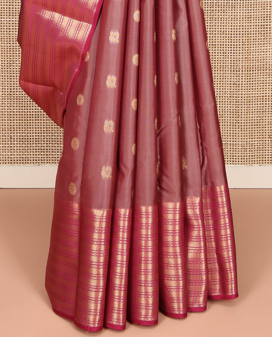 Brown Vasundhara Silk Mix Saree, Enriched with Mayil and Chakram Buttas All Over Its Body, Complemented by Contrast Geometric Patterned Border, Grandly Decked Up Pallu and Paired with a Contrast Blouse
