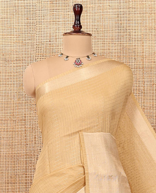 Sandal Assam Silk Saree, Sparsely Woven with Checks, Traditional Zari Border, Zari-Striped Pallu, and a Contrast Blouse