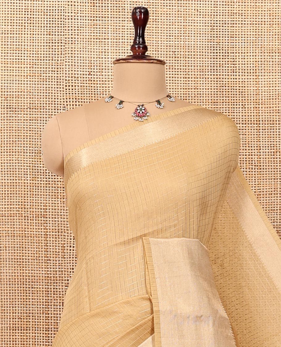 Sandal Assam Silk Saree, Sparsely Woven with Checks, Traditional Zari Border, Zari-Striped Pallu, and a Contrast Blouse