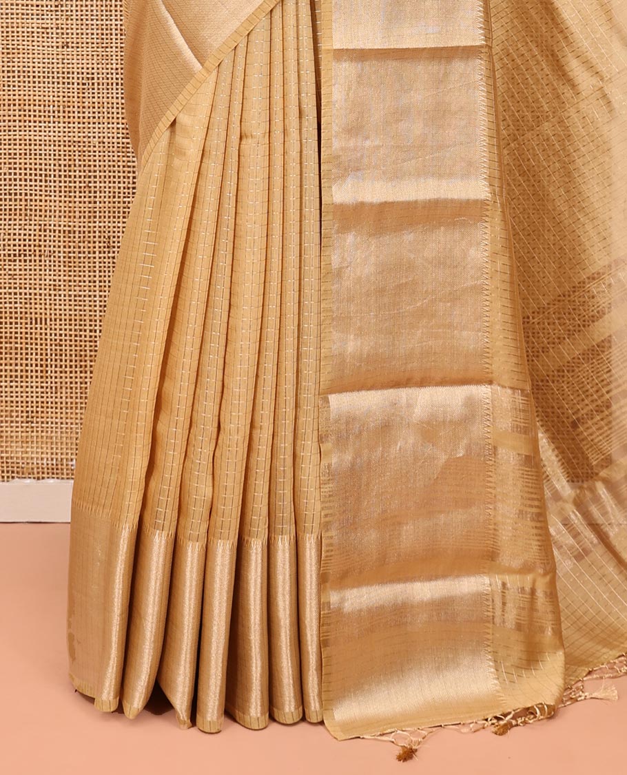 Sandal Assam Silk Saree, Sparsely Woven with Checks, Traditional Zari Border, Zari-Striped Pallu, and a Contrast Blouse