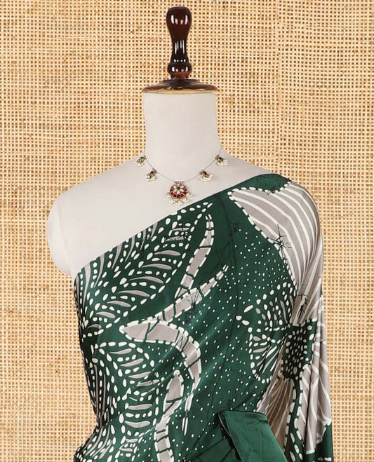 Borderless green half-and-half model satin saree with batik-style big floral motifs digital printed body and pallu