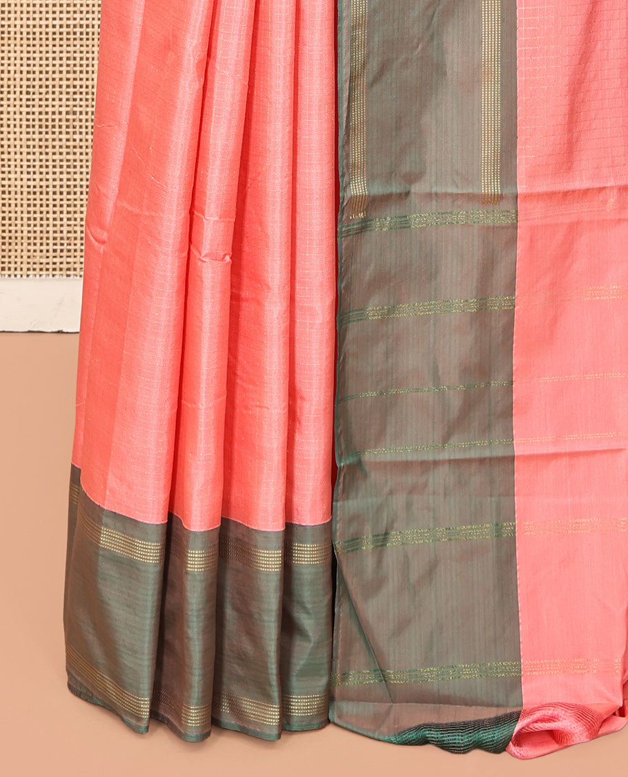 Peach Arani Saree, Sparsely Threaded with Butta Enclosed Checks, a Contrast Bodi Border, Self-Pallu, and a Matching Blouse