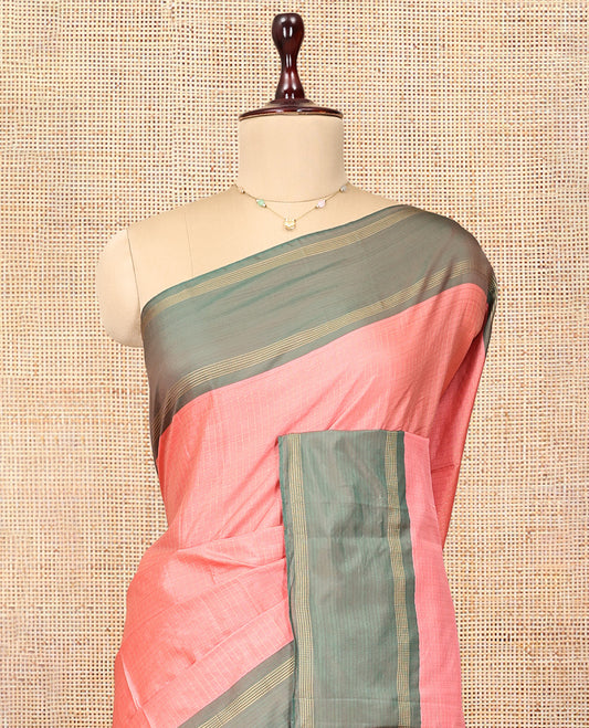 Peach Arani Saree, Sparsely Threaded with Butta Enclosed Checks, a Contrast Bodi Border, Self-Pallu, and a Matching Blouse