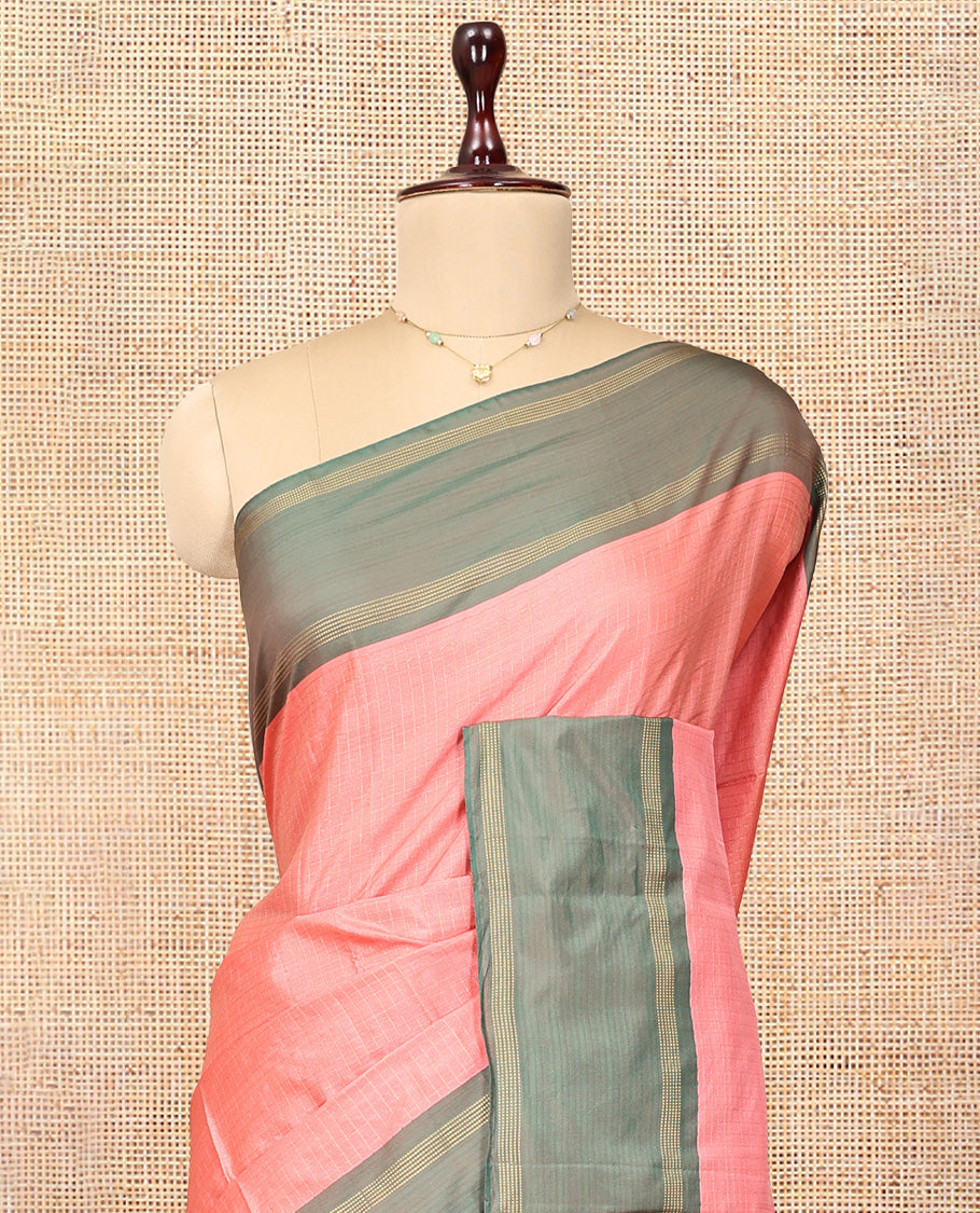 Peach Arani Saree, Sparsely Threaded with Butta Enclosed Checks, a Contrast Bodi Border, Self-Pallu, and a Matching Blouse