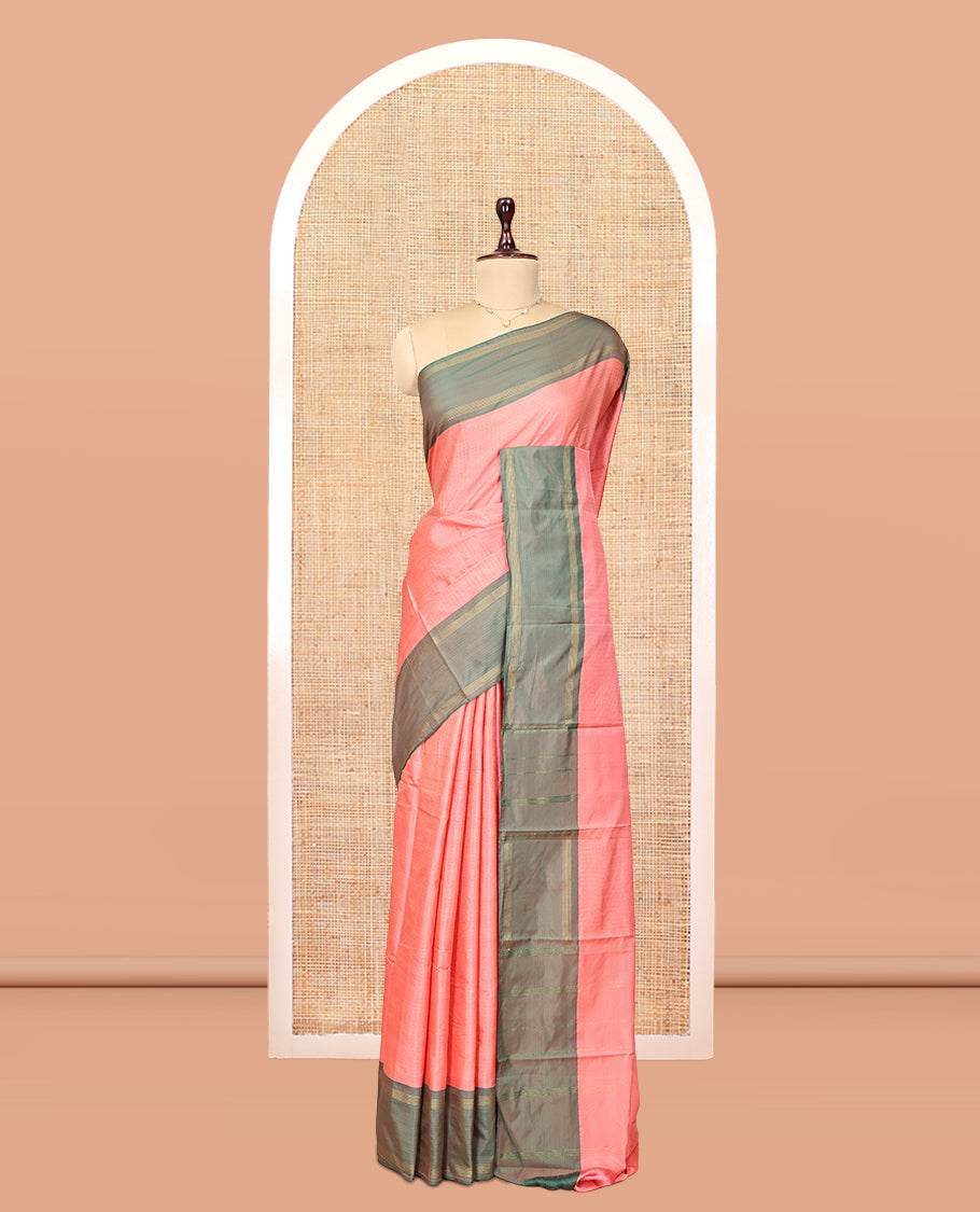 Peach Arani Saree, Sparsely Threaded with Butta Enclosed Checks, a Contrast Bodi Border, Self-Pallu, and a Matching Blouse