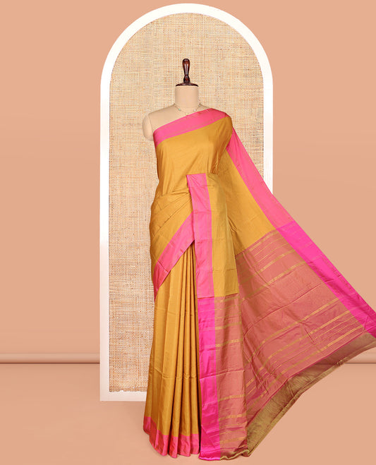 Yellow Aarani Gift Saree, Subtly Adorned with Zari Checks on Its Body, Complemented by a Contrast-Zari Striped Rettai Pettu Border, Zari Striped Pallu, and Paired with a Contrast Blouse