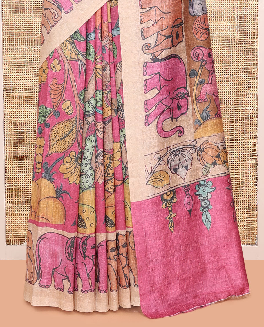 Pink Fancy Tussar Saree Features Kalamkari Floral and Animal Print, Contrast Elephant Border, Kalamkari Pallu, and a Contrast Blouse