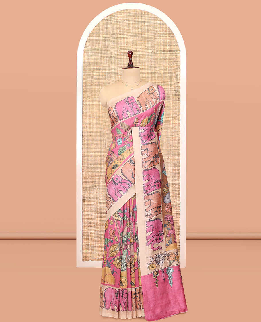 Pink Fancy Tussar Saree Features Kalamkari Floral and Animal Print, Contrast Elephant Border, Kalamkari Pallu, and a Contrast Blouse