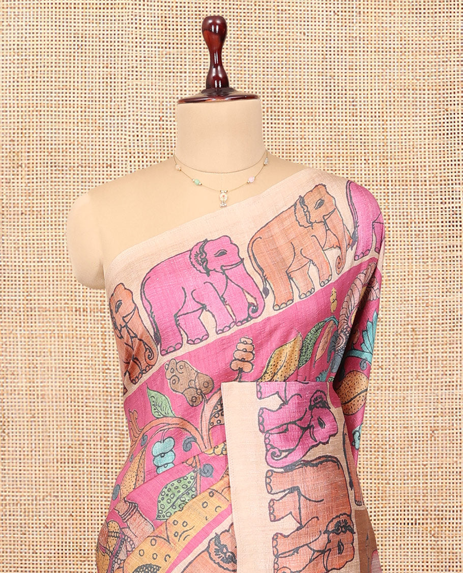 Pink Fancy Tussar Saree Features Kalamkari Floral and Animal Print, Contrast Elephant Border, Kalamkari Pallu, and a Contrast Blouse