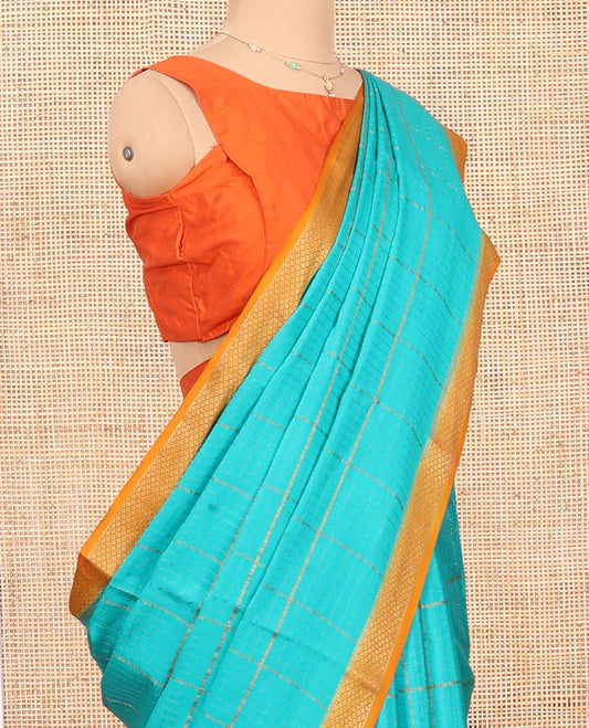 Blue Mysore Silk Saree, Accentuated with Zari Checked Design on Its Body, Complemented by a Contrast Traditional Zari Design Border, Pallu Features Stripes, and Paired with a Contrast Blouse