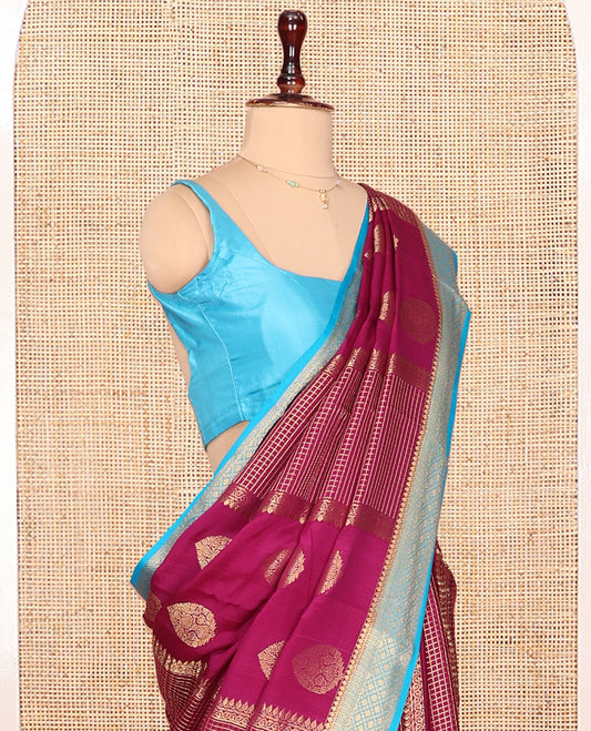 Purple Mysore Silk Saree, Decked Up with Zari Designs All Over Its Body, Complemented by Captivating Contrast Border of Traditional Zari Designs, Gleaming Zari Striped Pallu, and Paired with a Contrast Blouse