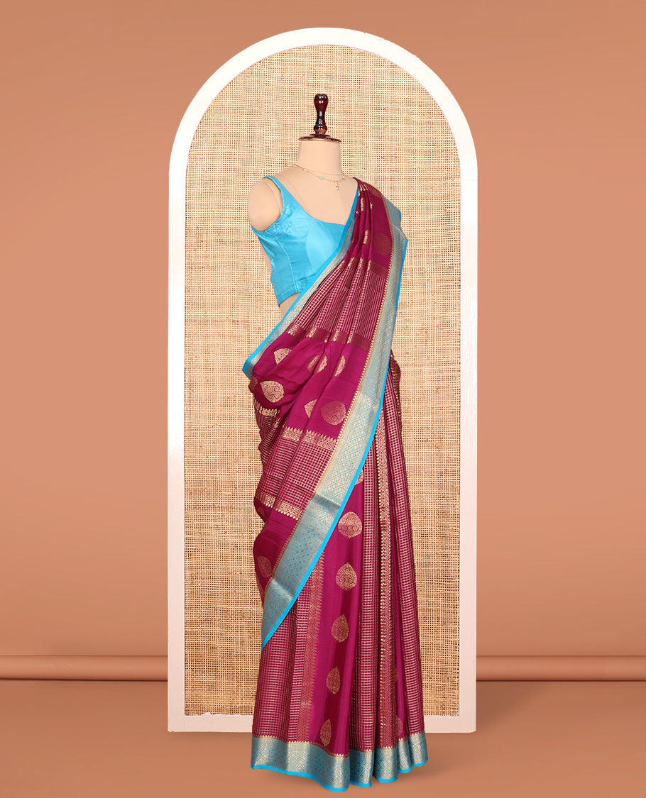 Purple Mysore Silk Saree, Decked Up with Zari Designs All Over Its Body, Complemented by Captivating Contrast Border of Traditional Zari Designs, Gleaming Zari Striped Pallu, and Paired with a Contrast Blouse