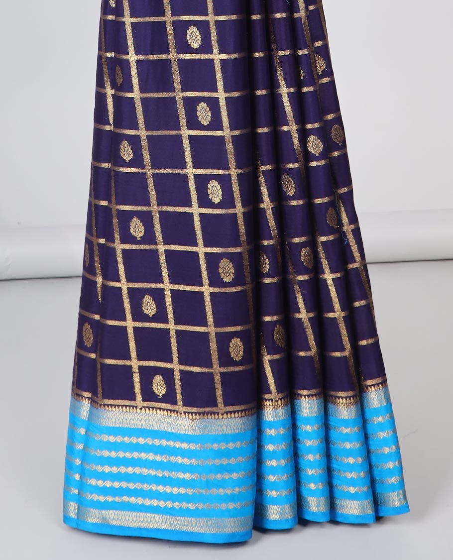 Violet floral motifs enclosed with checked mysore silk saree with contrast striped zari border & pallu of intricate design