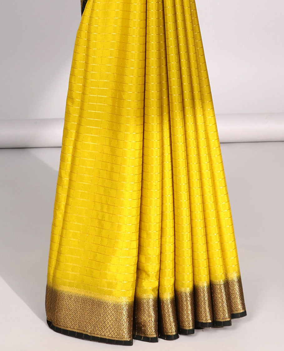 Yellow striped design  mysore silk saree with contrast striped zari border & striped zari pallu