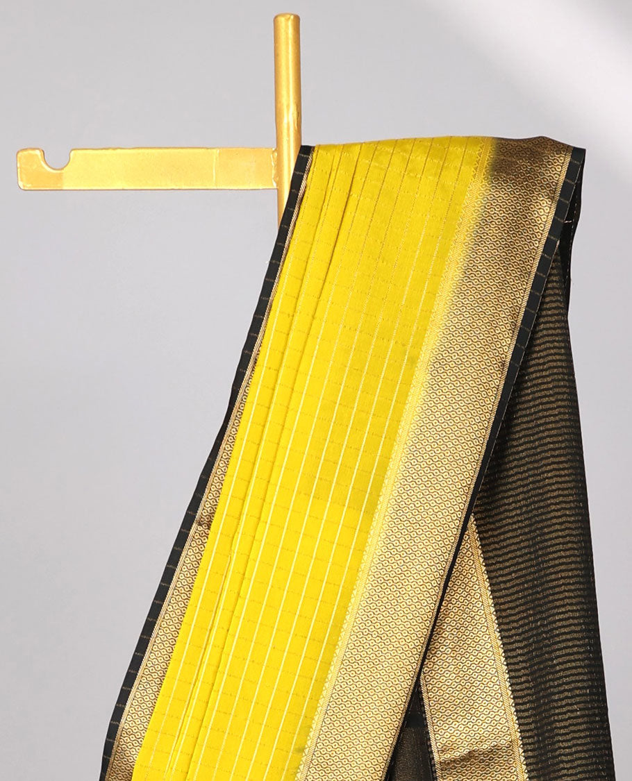 Yellow striped design  mysore silk saree with contrast striped zari border & striped zari pallu