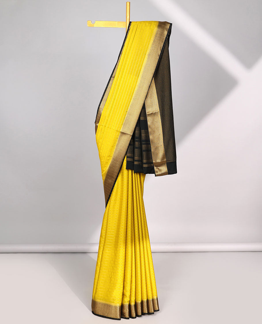 Yellow striped design  mysore silk saree with contrast striped zari border & striped zari pallu