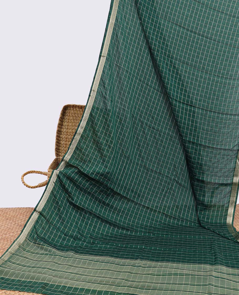 Pink checked art mysore silk saree with self zari border & striped zari pallu