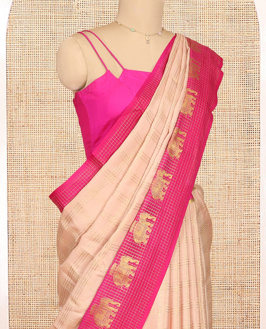 Light Sandal Mysore Silk Saree Features Checked Pattern, Contrast Traditional Elephant-Checked Border, a Grand Pallu, and a Contrast Blouse
