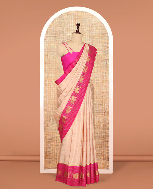 Light Sandal Mysore Silk Saree Features Checked Pattern, Contrast Traditional Elephant-Checked Border, a Grand Pallu, and a Contrast Blouse