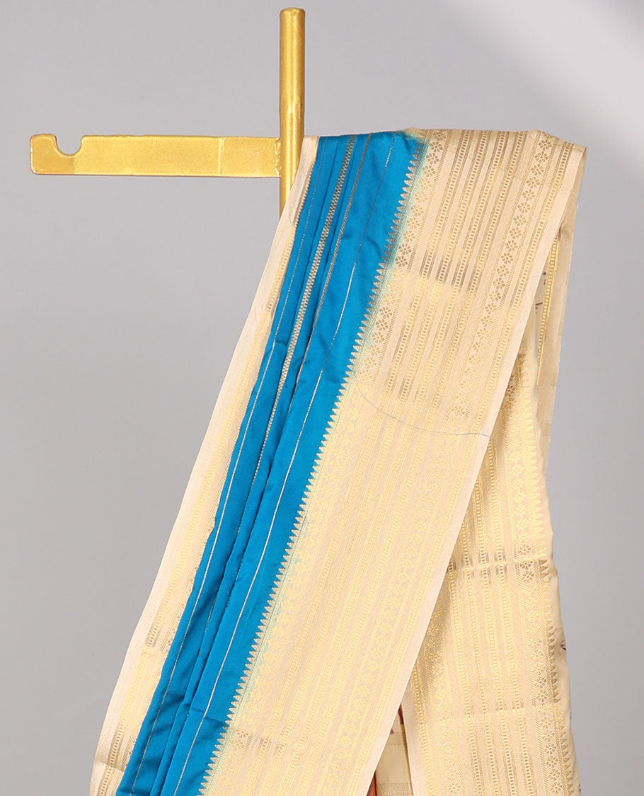 Blue striped design  mysore silk saree with striped zari border & Rajasthan theme design pallu