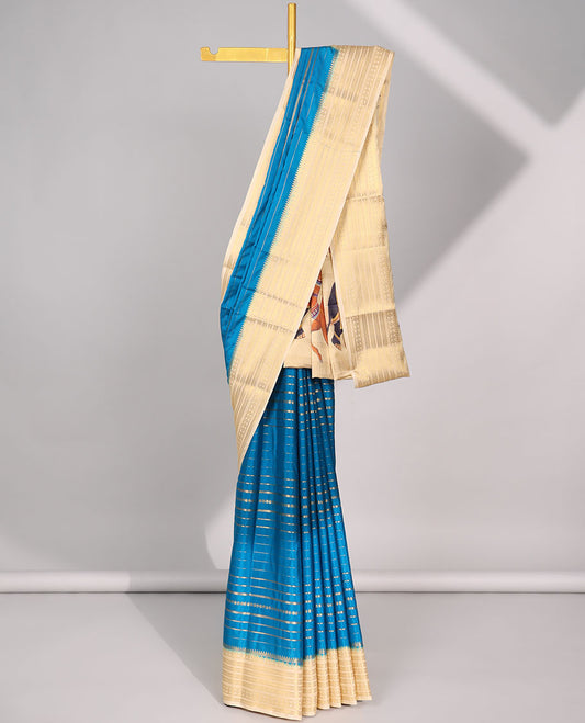 Blue striped design  mysore silk saree with striped zari border & Rajasthan theme design pallu